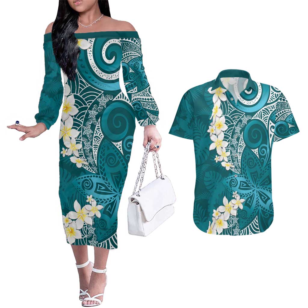 Cyan Polynesian Tribal Frangipani Tropical Vibe Couples Matching Off The Shoulder Long Sleeve Dress and Hawaiian Shirt