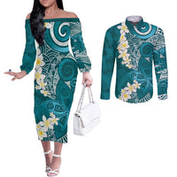 Cyan Polynesian Tribal Frangipani Tropical Vibe Couples Matching Off The Shoulder Long Sleeve Dress and Long Sleeve Button Shirt