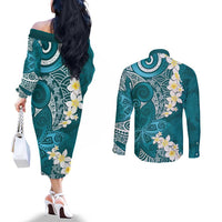 Cyan Polynesian Tribal Frangipani Tropical Vibe Couples Matching Off The Shoulder Long Sleeve Dress and Long Sleeve Button Shirt