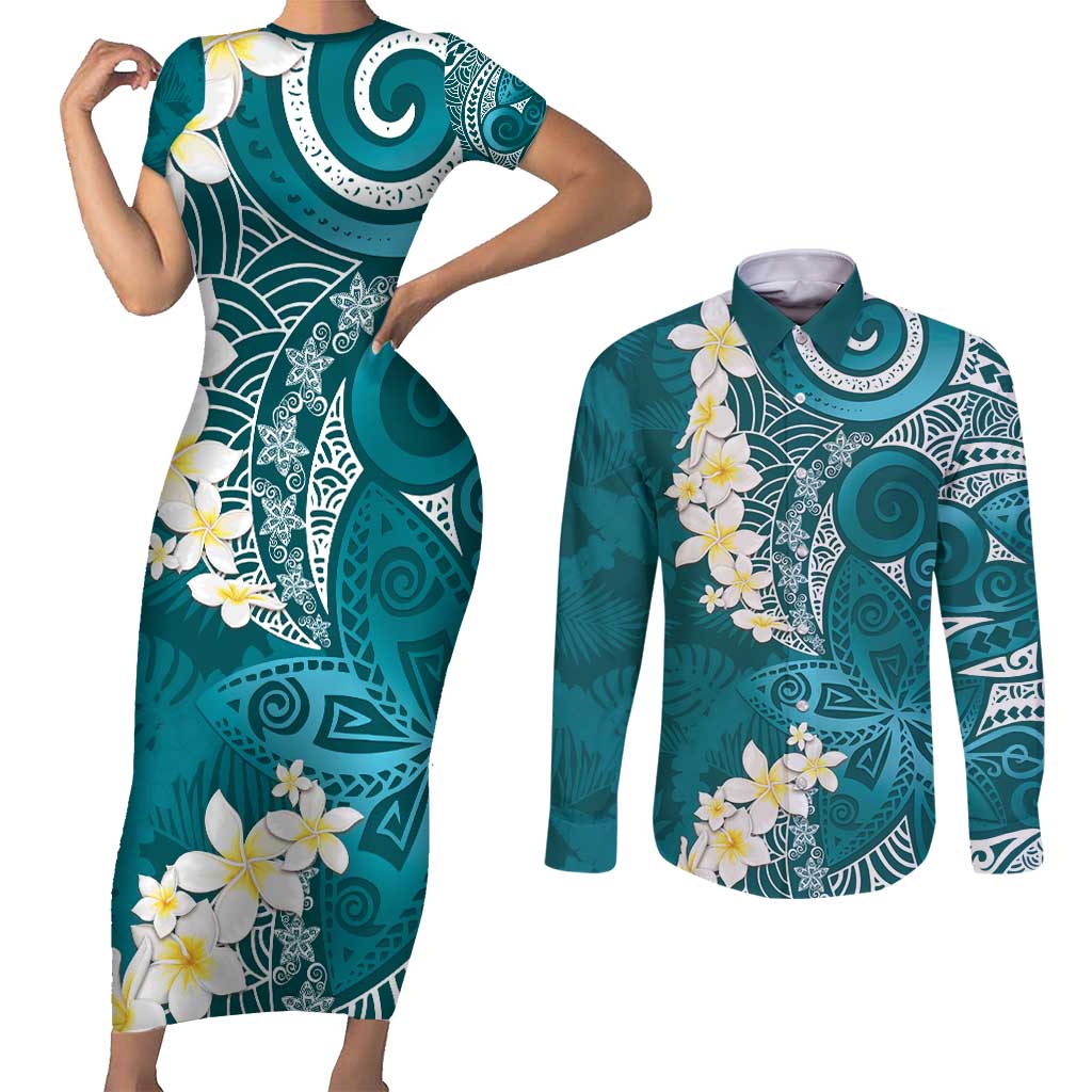 Cyan Polynesian Tribal Frangipani Tropical Vibe Couples Matching Short Sleeve Bodycon Dress and Long Sleeve Button Shirt