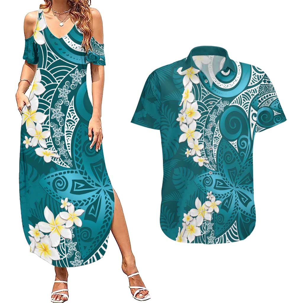 Cyan Polynesian Tribal Frangipani Tropical Vibe Couples Matching Summer Maxi Dress and Hawaiian Shirt