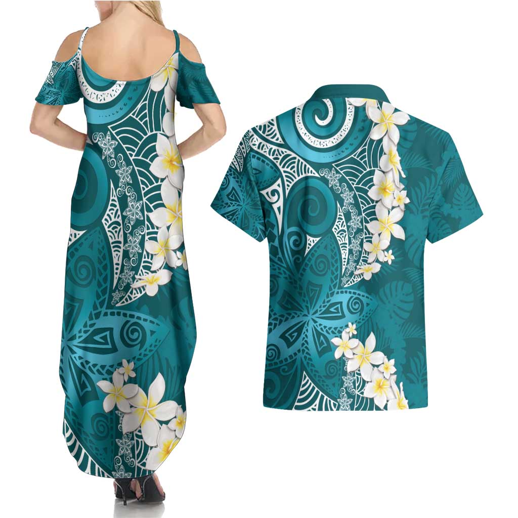 Cyan Polynesian Tribal Frangipani Tropical Vibe Couples Matching Summer Maxi Dress and Hawaiian Shirt
