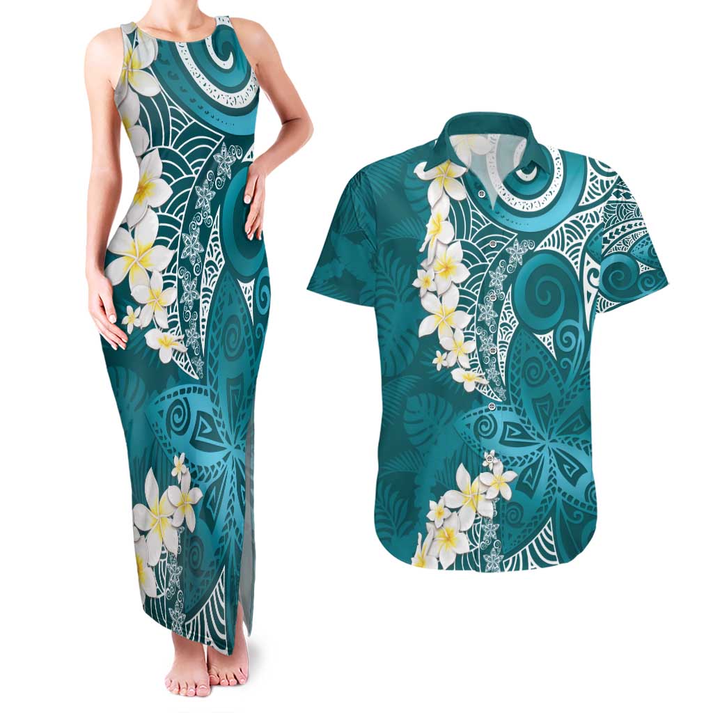 Cyan Polynesian Tribal Frangipani Tropical Vibe Couples Matching Tank Maxi Dress and Hawaiian Shirt