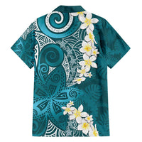 Cyan Polynesian Tribal Frangipani Tropical Vibe Family Matching Long Sleeve Bodycon Dress and Hawaiian Shirt