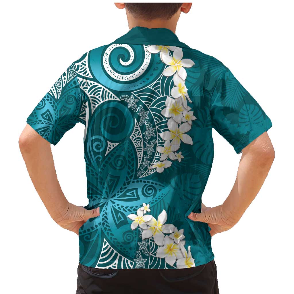 Cyan Polynesian Tribal Frangipani Tropical Vibe Family Matching Mermaid Dress and Hawaiian Shirt