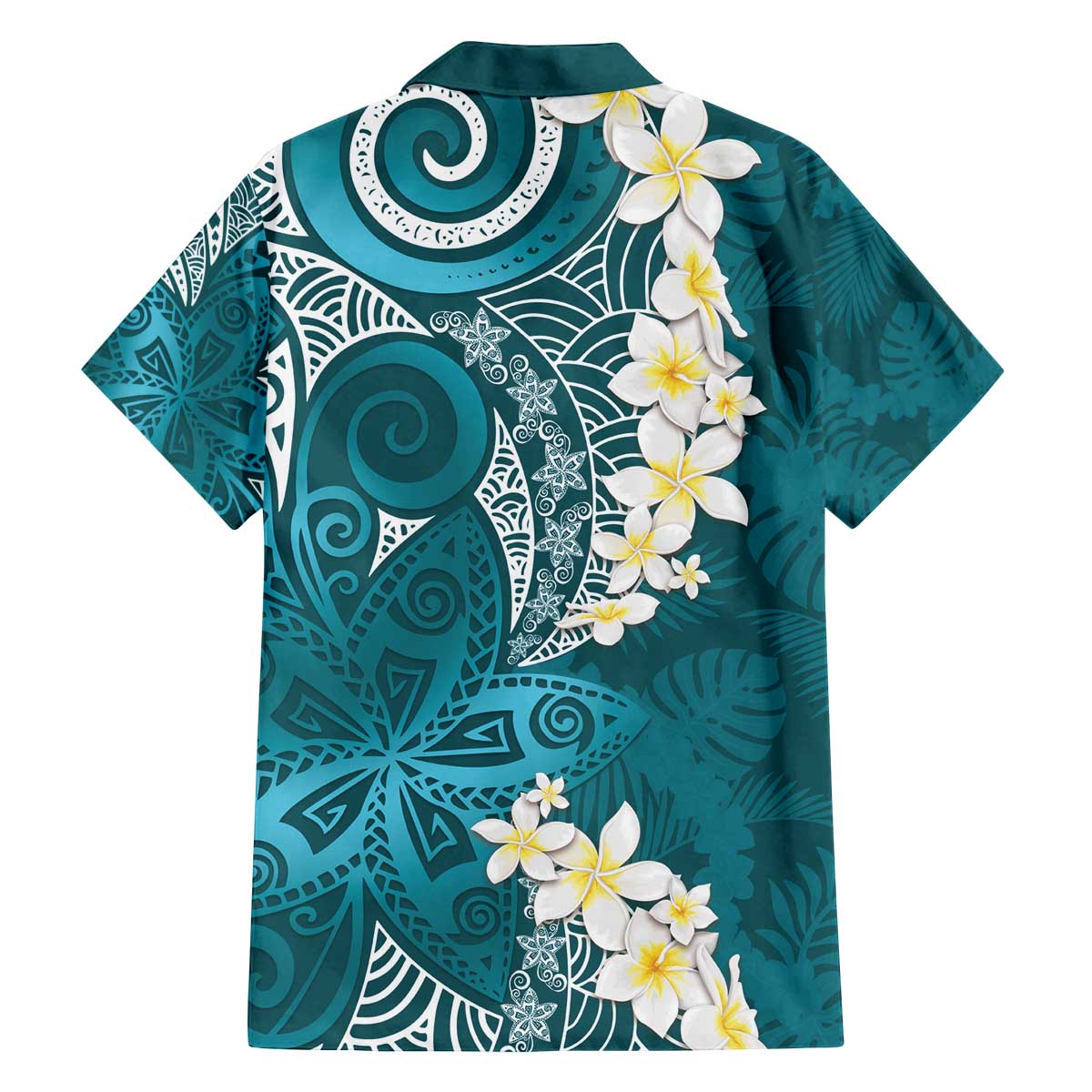 Cyan Polynesian Tribal Frangipani Tropical Vibe Family Matching Off The Shoulder Long Sleeve Dress and Hawaiian Shirt
