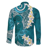 Cyan Polynesian Tribal Frangipani Tropical Vibe Family Matching Off The Shoulder Long Sleeve Dress and Hawaiian Shirt