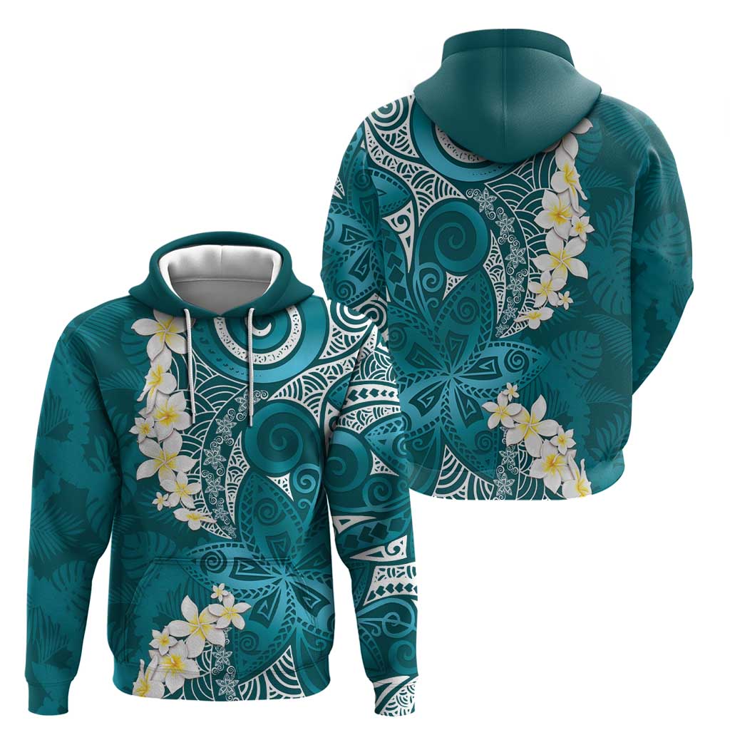 Cyan Polynesian Tribal Frangipani Tropical Vibe Hoodie