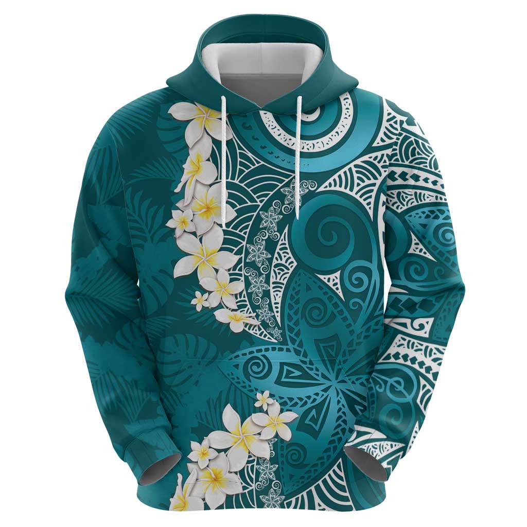 Cyan Polynesian Tribal Frangipani Tropical Vibe Hoodie