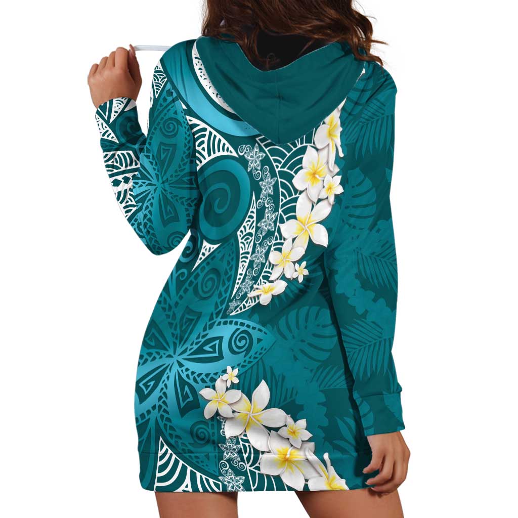 Cyan Polynesian Tribal Frangipani Tropical Vibe Hoodie Dress