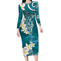 Cyan Polynesian Tribal Frangipani Tropical Vibe Long Sleeve Bodycon Dress