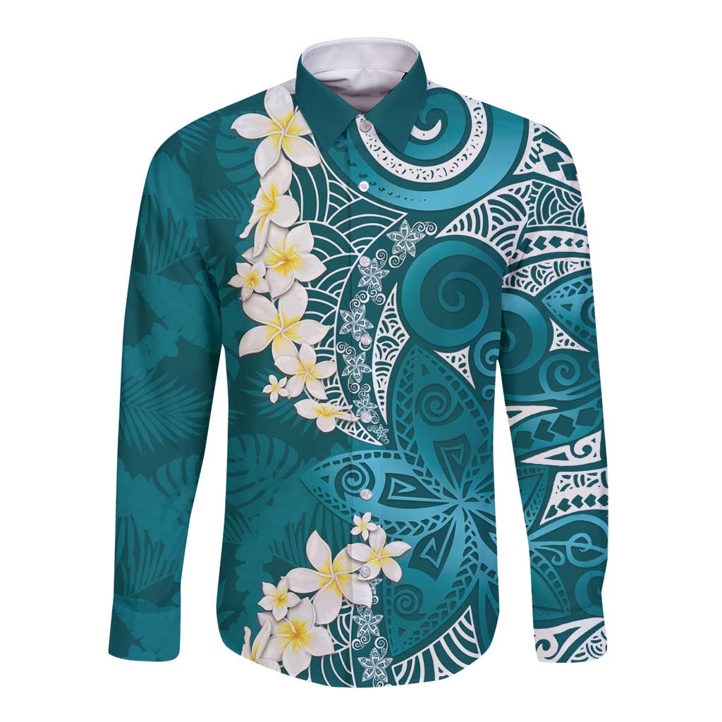 Cyan Polynesian Tribal Frangipani Tropical Vibe Long Sleeve Button Shirt
