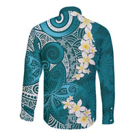 Cyan Polynesian Tribal Frangipani Tropical Vibe Long Sleeve Button Shirt
