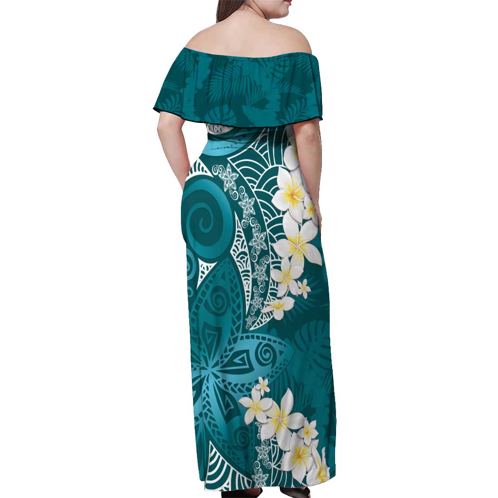 Cyan Polynesian Tribal Frangipani Tropical Vibe Off Shoulder Maxi Dress