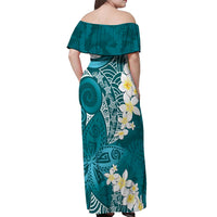 Cyan Polynesian Tribal Frangipani Tropical Vibe Off Shoulder Maxi Dress
