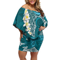 Cyan Polynesian Tribal Frangipani Tropical Vibe Off Shoulder Short Dress