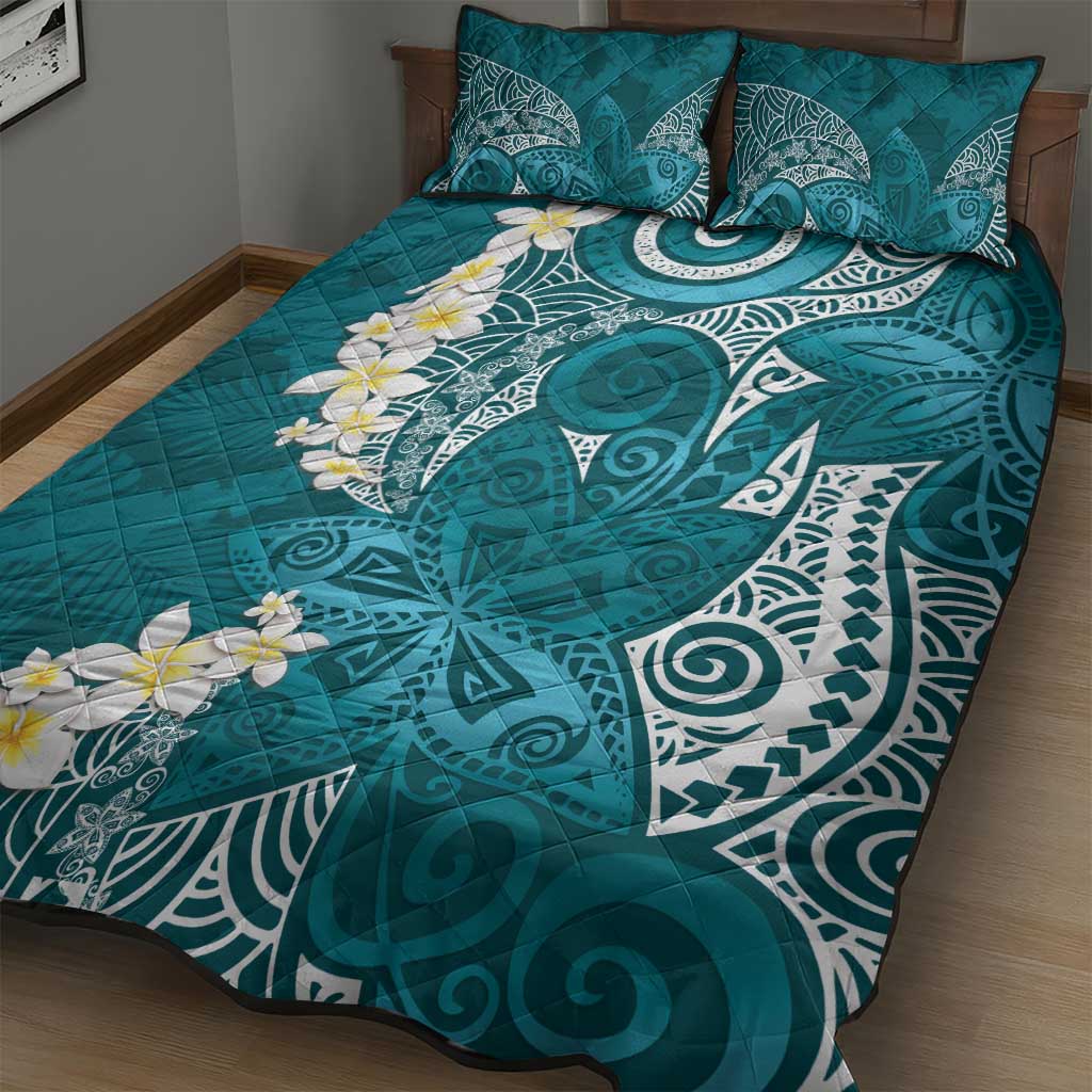 Cyan Polynesian Tribal Frangipani Tropical Vibe Quilt Bed Set