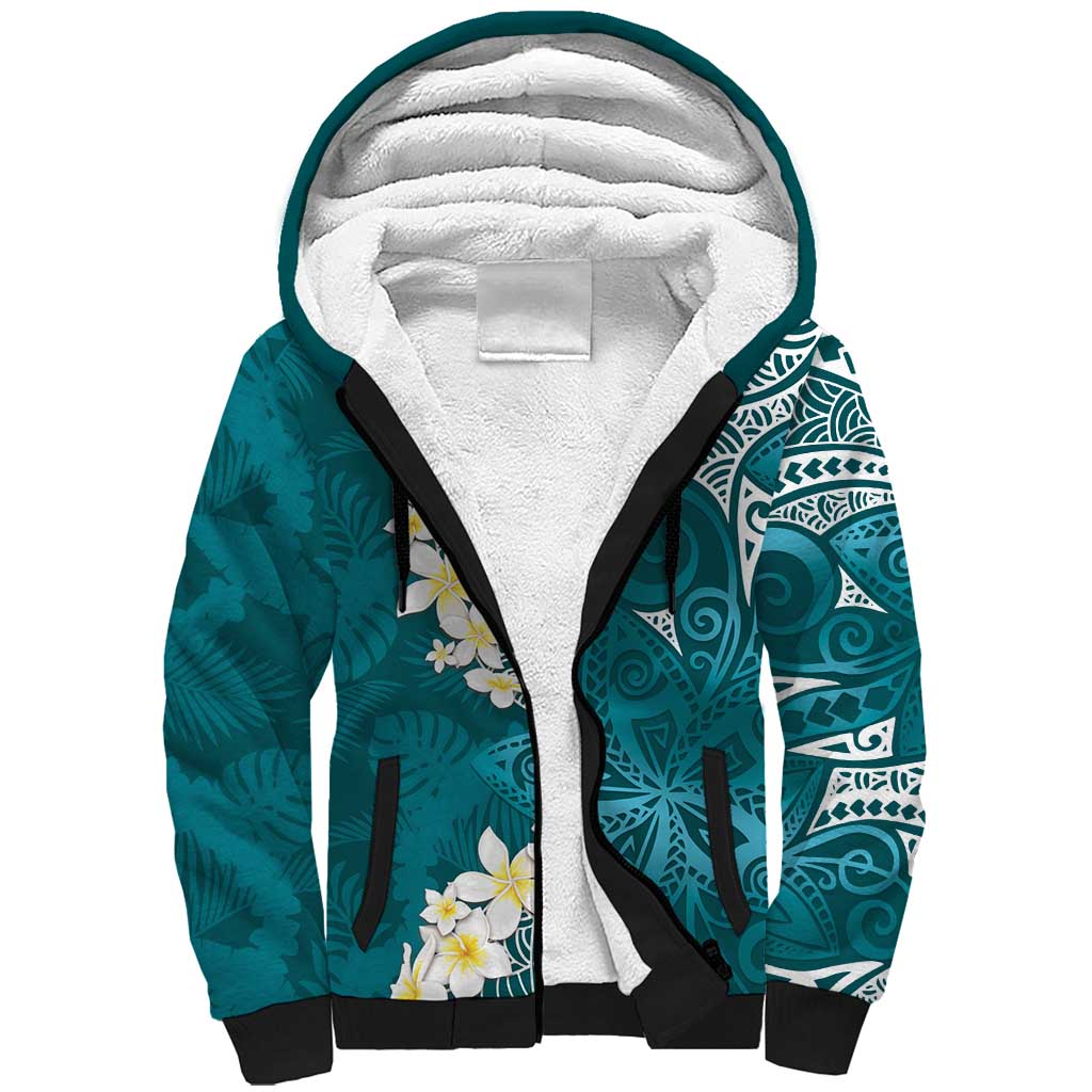 Cyan Polynesian Tribal Frangipani Tropical Vibe Sherpa Hoodie