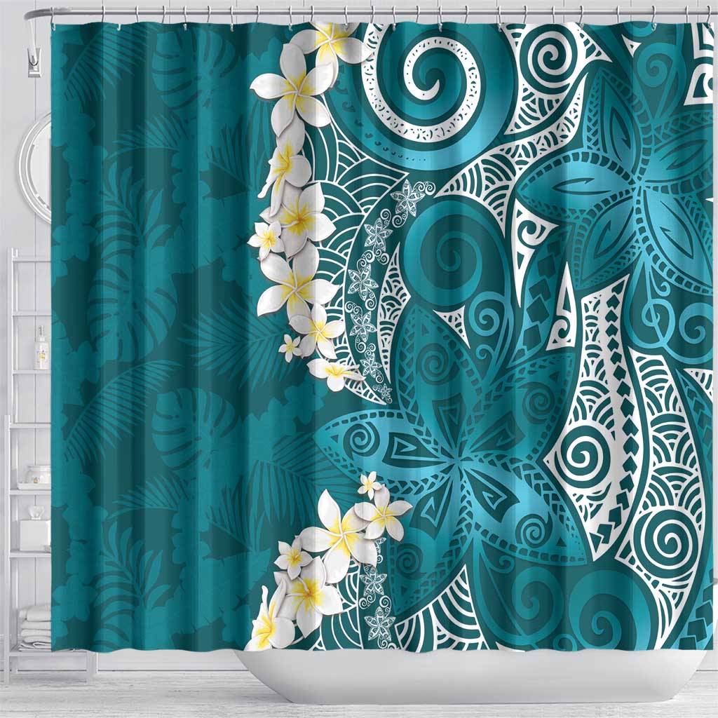 Cyan Polynesian Tribal Frangipani Tropical Vibe Shower Curtain