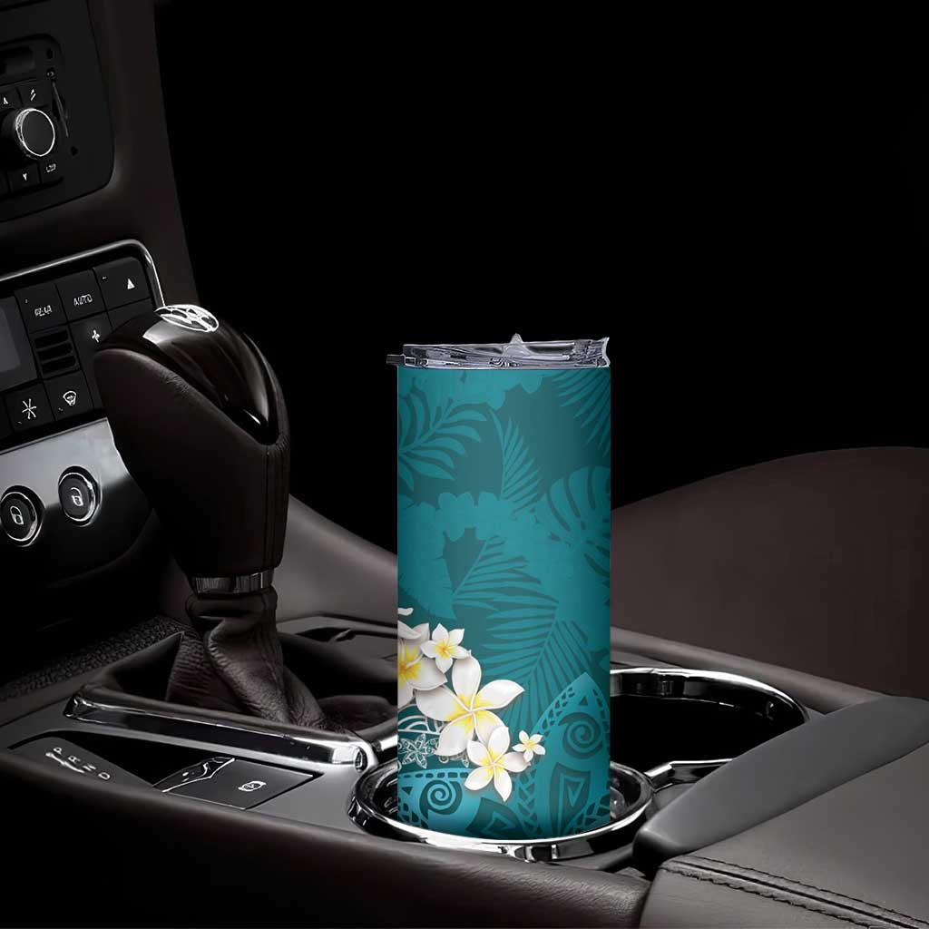 Cyan Polynesian Tribal Frangipani Tropical Vibe Skinny Tumbler