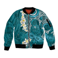 Cyan Polynesian Tribal Frangipani Tropical Vibe Sleeve Zip Bomber Jacket