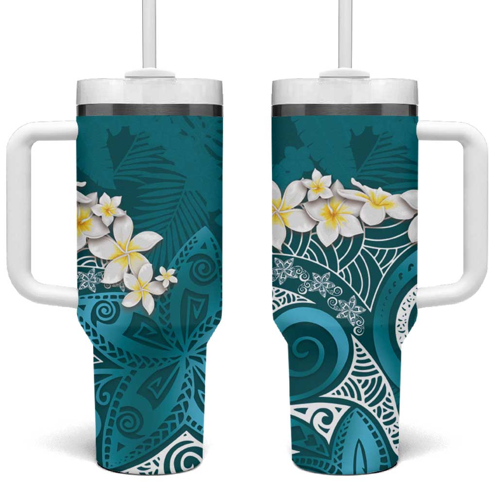 Cyan Polynesian Tribal Frangipani Tropical Vibe Tumbler With Handle