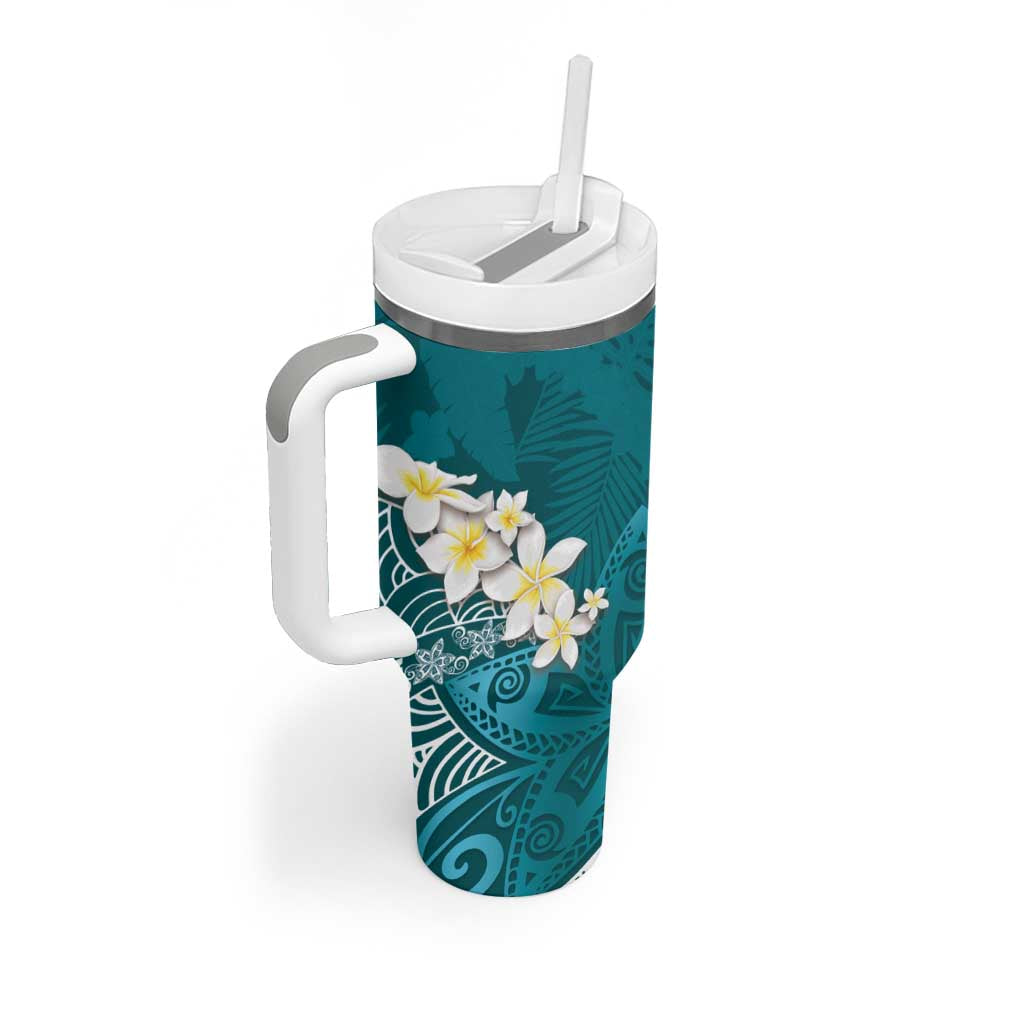 Cyan Polynesian Tribal Frangipani Tropical Vibe Tumbler With Handle