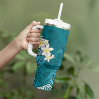 Cyan Polynesian Tribal Frangipani Tropical Vibe Tumbler With Handle