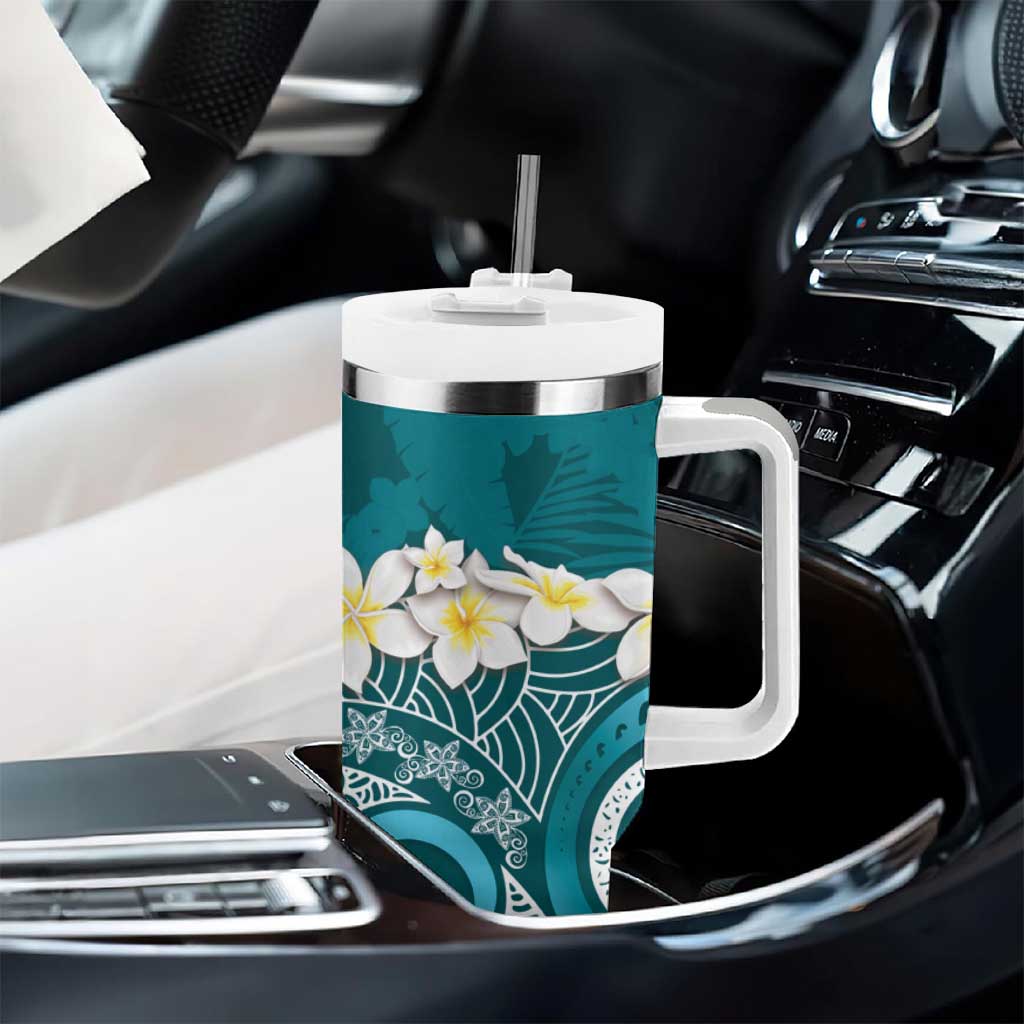 Cyan Polynesian Tribal Frangipani Tropical Vibe Tumbler With Handle