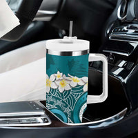 Cyan Polynesian Tribal Frangipani Tropical Vibe Tumbler With Handle