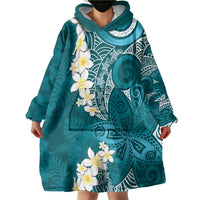 Cyan Polynesian Tribal Frangipani Tropical Vibe Wearable Blanket Hoodie
