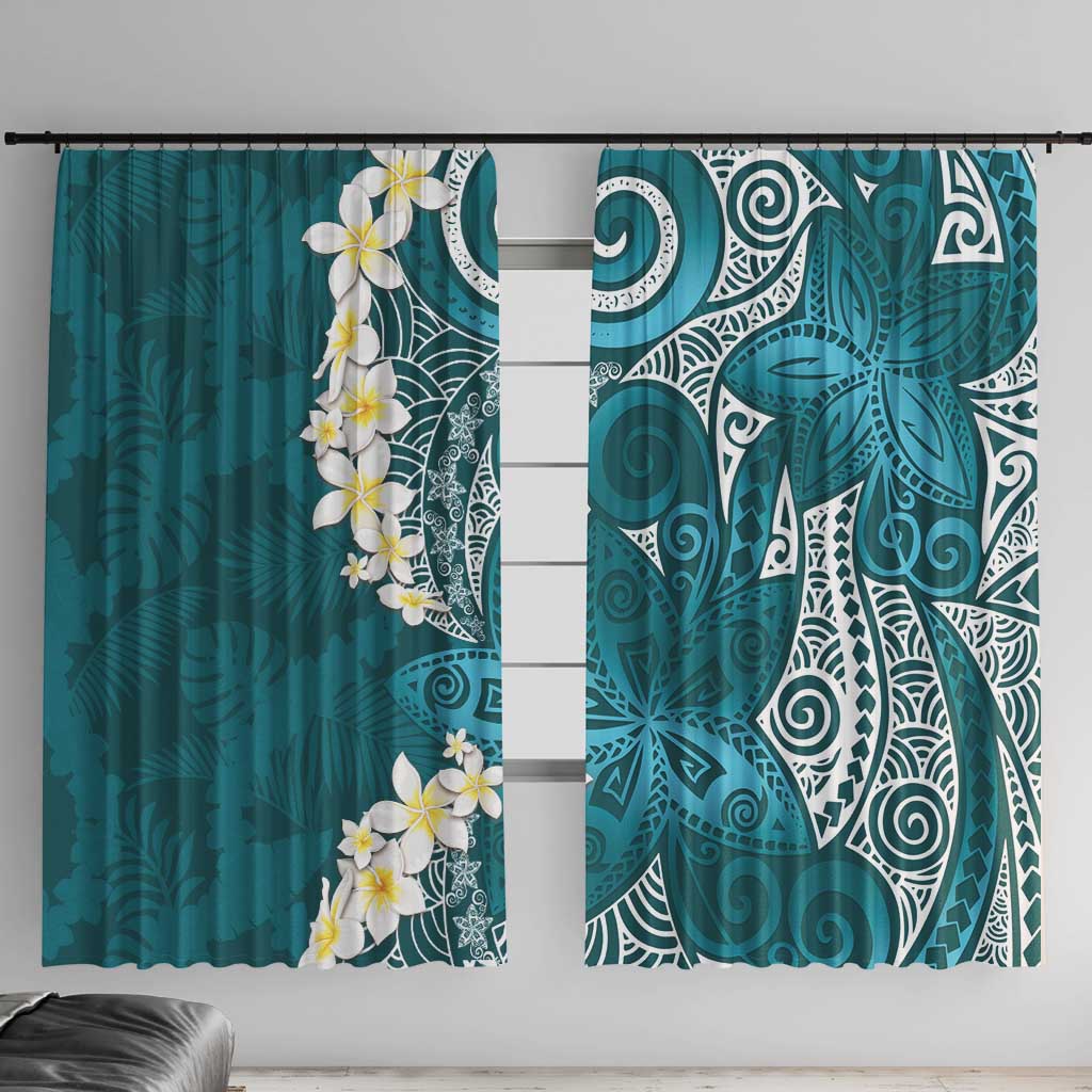 Cyan Polynesian Tribal Frangipani Tropical Vibe Window Curtain LT14 With Hooks Cyan - Polynesian Pride