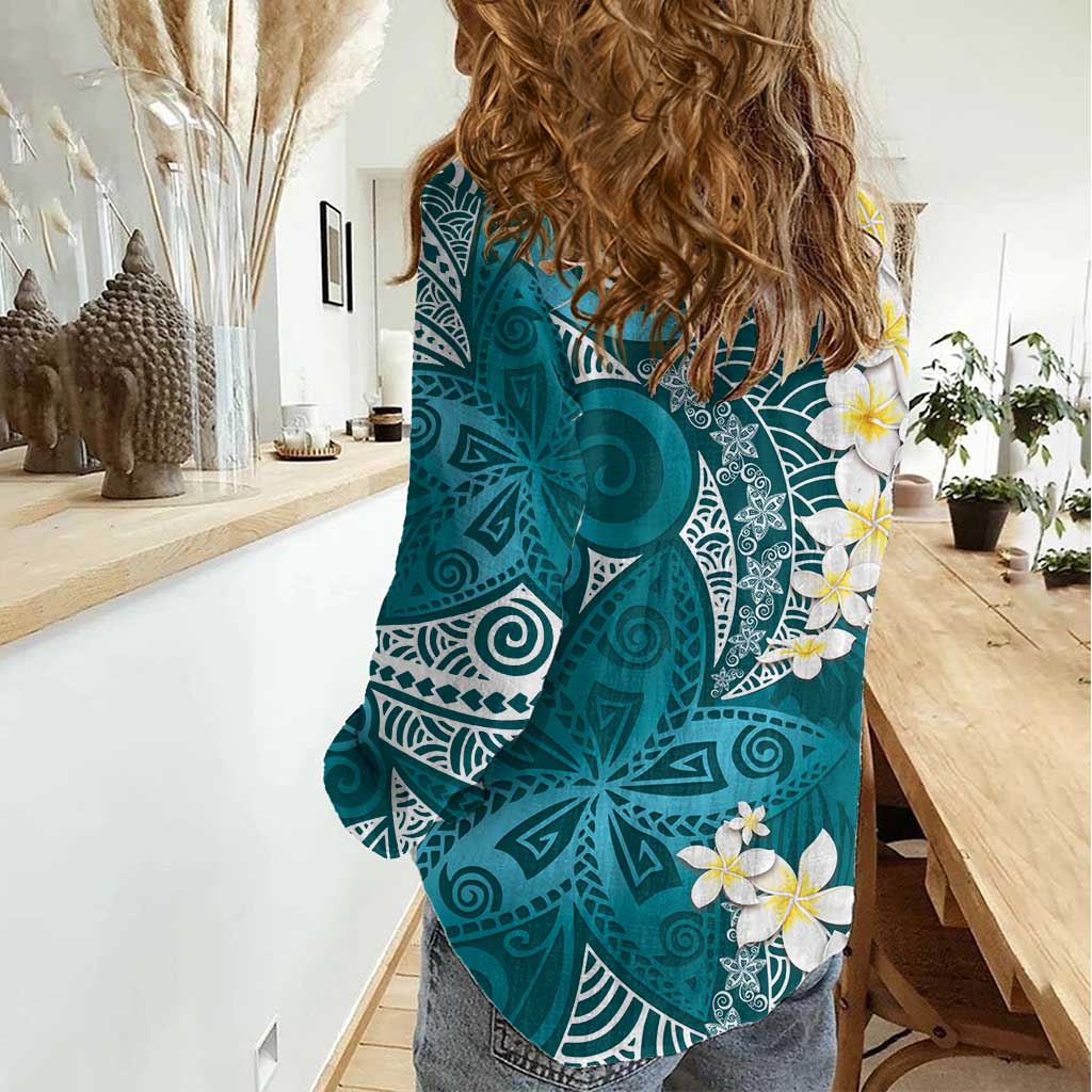 Cyan Polynesian Tribal Frangipani Tropical Vibe Women Casual Shirt