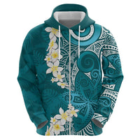 Cyan Polynesian Tribal Frangipani Tropical Vibe Zip Hoodie
