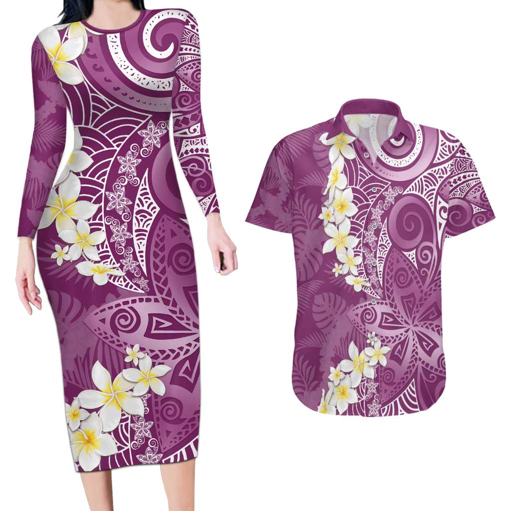 Pink Polynesian Tribal Frangipani Tropical Vibe Couples Matching Long Sleeve Bodycon Dress and Hawaiian Shirt