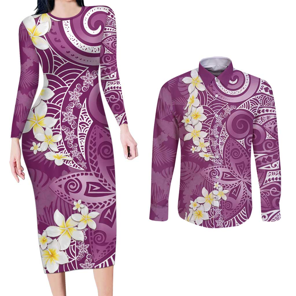 Pink Polynesian Tribal Frangipani Tropical Vibe Couples Matching Long Sleeve Bodycon Dress and Long Sleeve Button Shirt