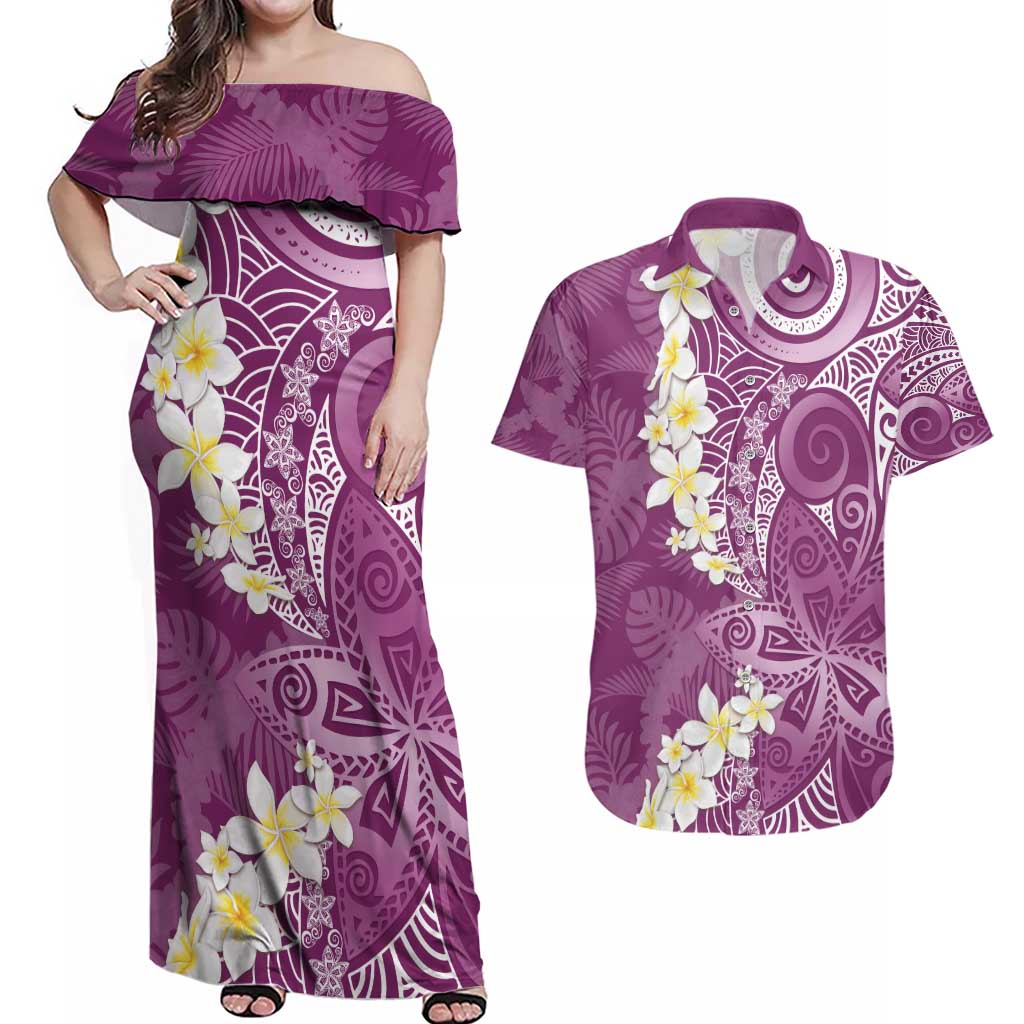 Pink Polynesian Tribal Frangipani Tropical Vibe Couples Matching Off Shoulder Maxi Dress and Hawaiian Shirt