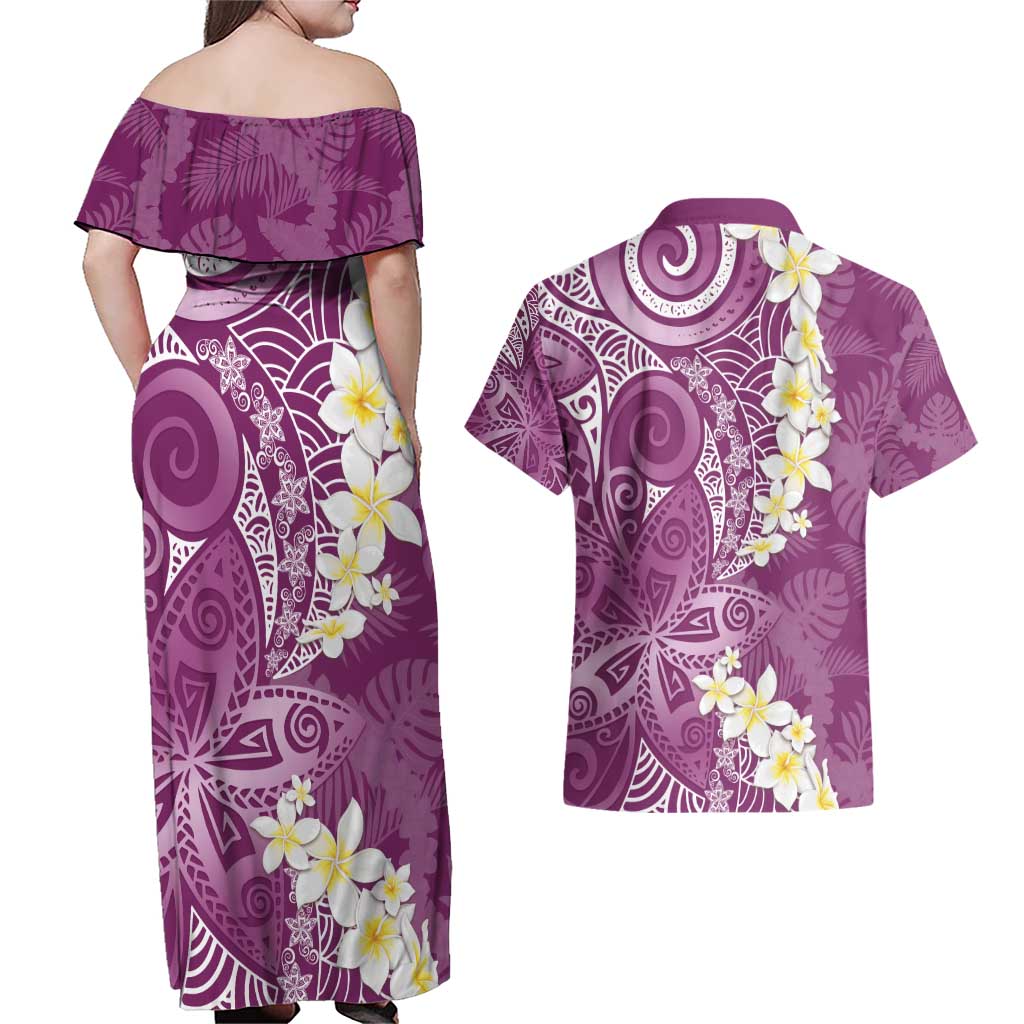 Pink Polynesian Tribal Frangipani Tropical Vibe Couples Matching Off Shoulder Maxi Dress and Hawaiian Shirt