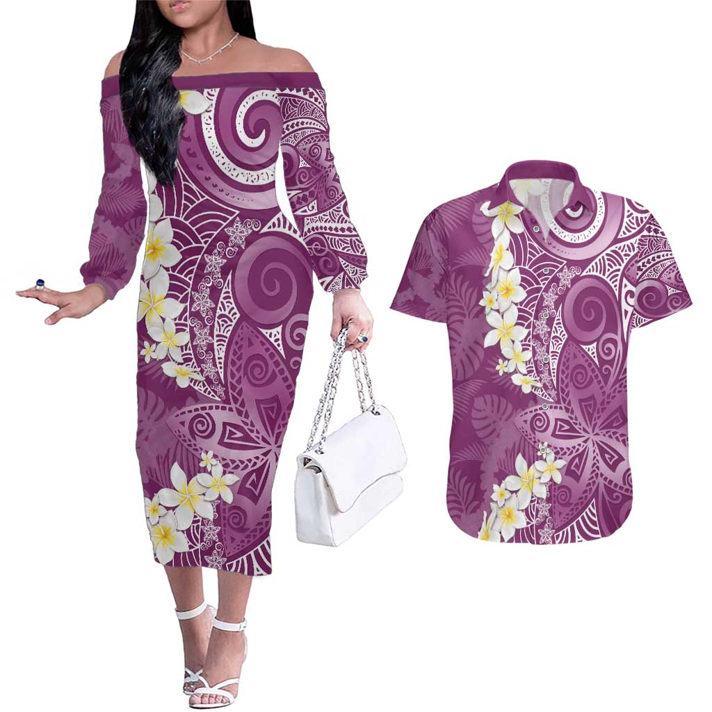 Pink Polynesian Tribal Frangipani Tropical Vibe Couples Matching Off The Shoulder Long Sleeve Dress and Hawaiian Shirt