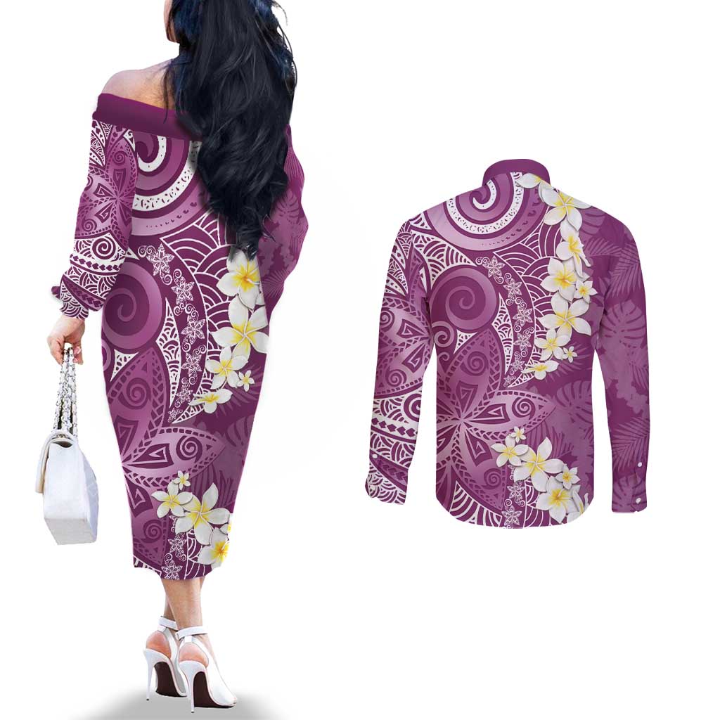 Pink Polynesian Tribal Frangipani Tropical Vibe Couples Matching Off The Shoulder Long Sleeve Dress and Long Sleeve Button Shirt