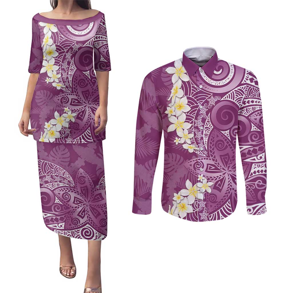 Pink Polynesian Tribal Frangipani Tropical Vibe Couples Matching Puletasi and Long Sleeve Button Shirt