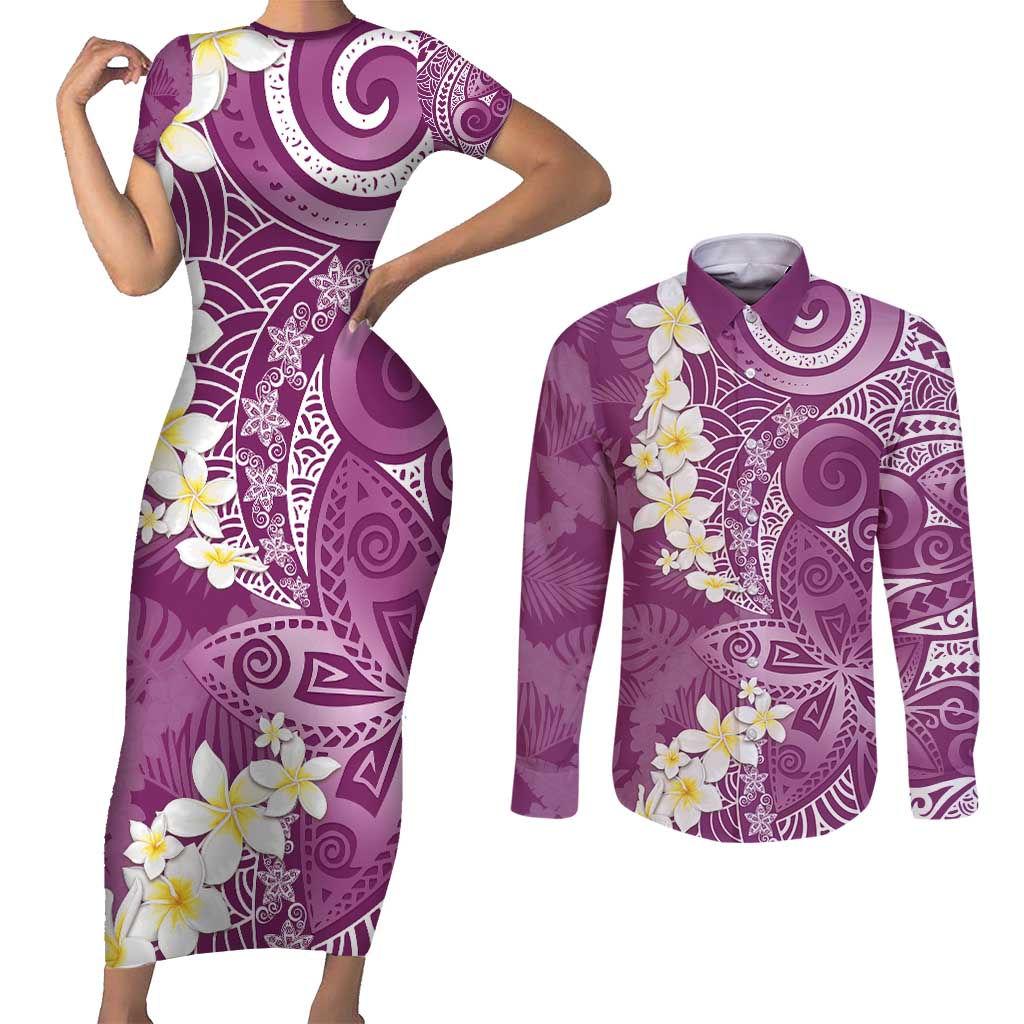 Pink Polynesian Tribal Frangipani Tropical Vibe Couples Matching Short Sleeve Bodycon Dress and Long Sleeve Button Shirt