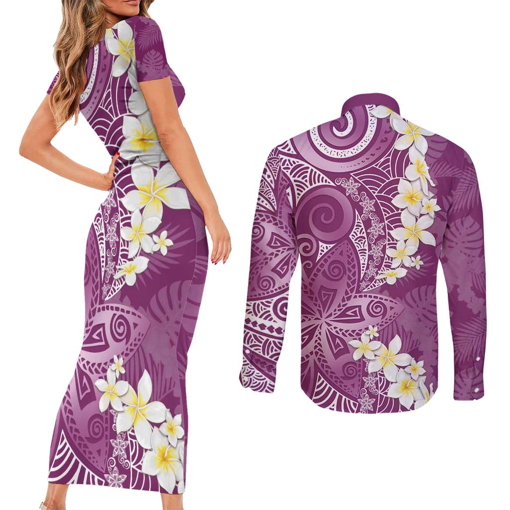 Pink Polynesian Tribal Frangipani Tropical Vibe Couples Matching Short Sleeve Bodycon Dress and Long Sleeve Button Shirt