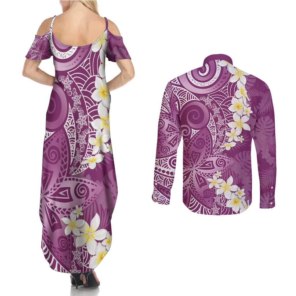 Pink Polynesian Tribal Frangipani Tropical Vibe Couples Matching Summer Maxi Dress and Long Sleeve Button Shirt
