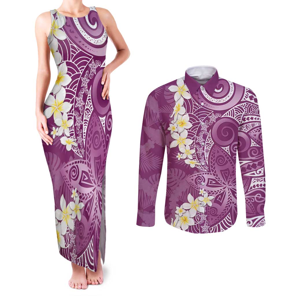 Pink Polynesian Tribal Frangipani Tropical Vibe Couples Matching Tank Maxi Dress and Long Sleeve Button Shirt