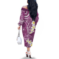 Pink Polynesian Tribal Frangipani Tropical Vibe Family Matching Off The Shoulder Long Sleeve Dress and Hawaiian Shirt