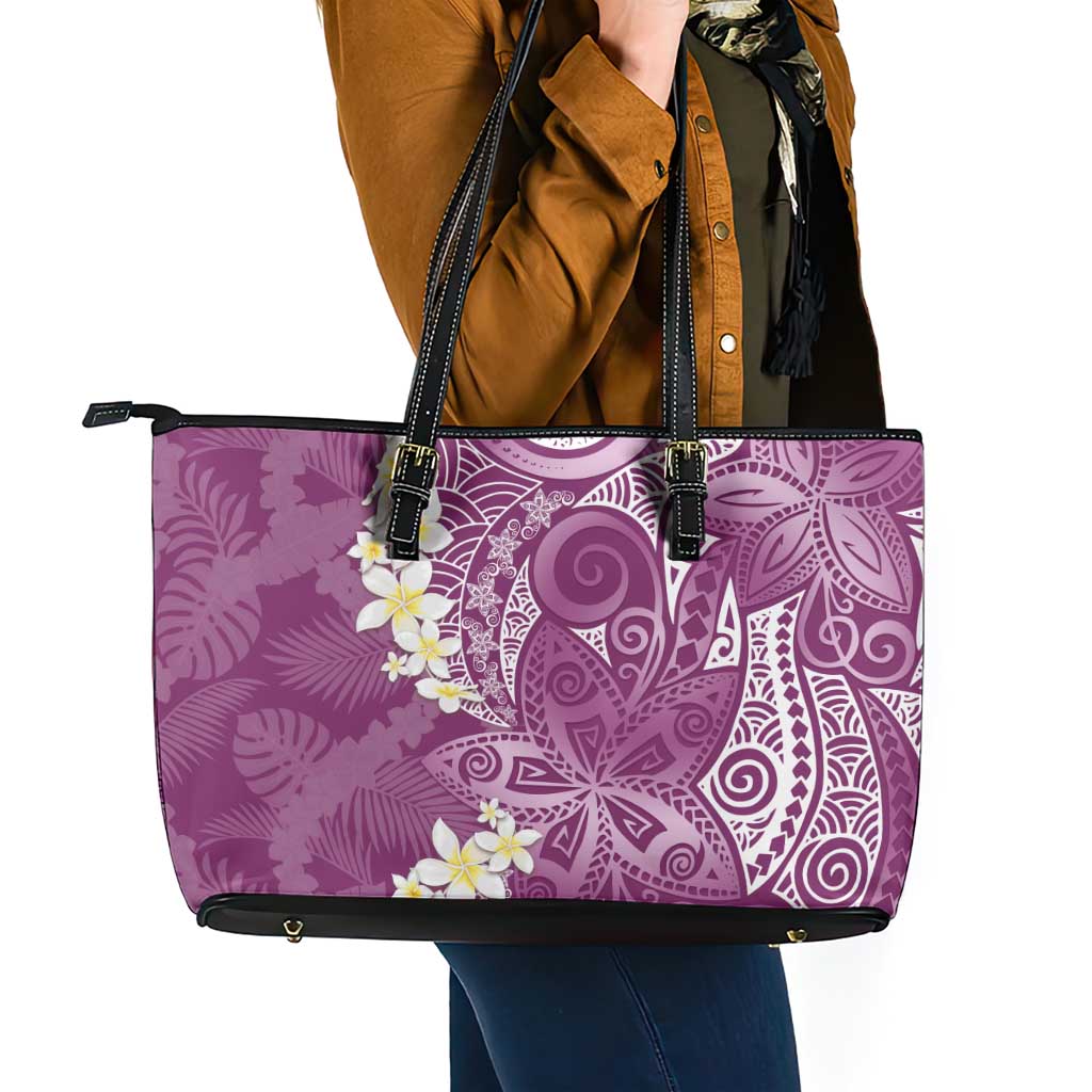 Pink Polynesian Tribal Frangipani Tropical Vibe Leather Tote Bag