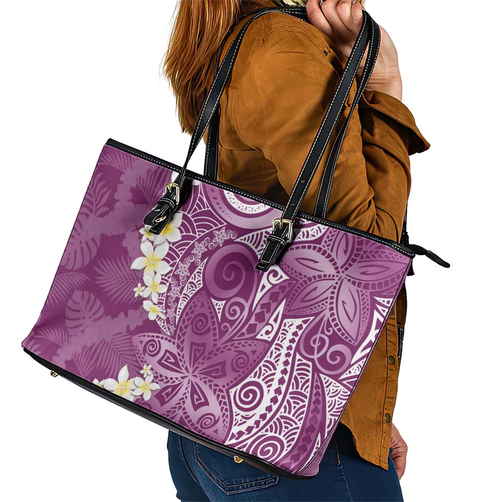 Pink Polynesian Tribal Frangipani Tropical Vibe Leather Tote Bag
