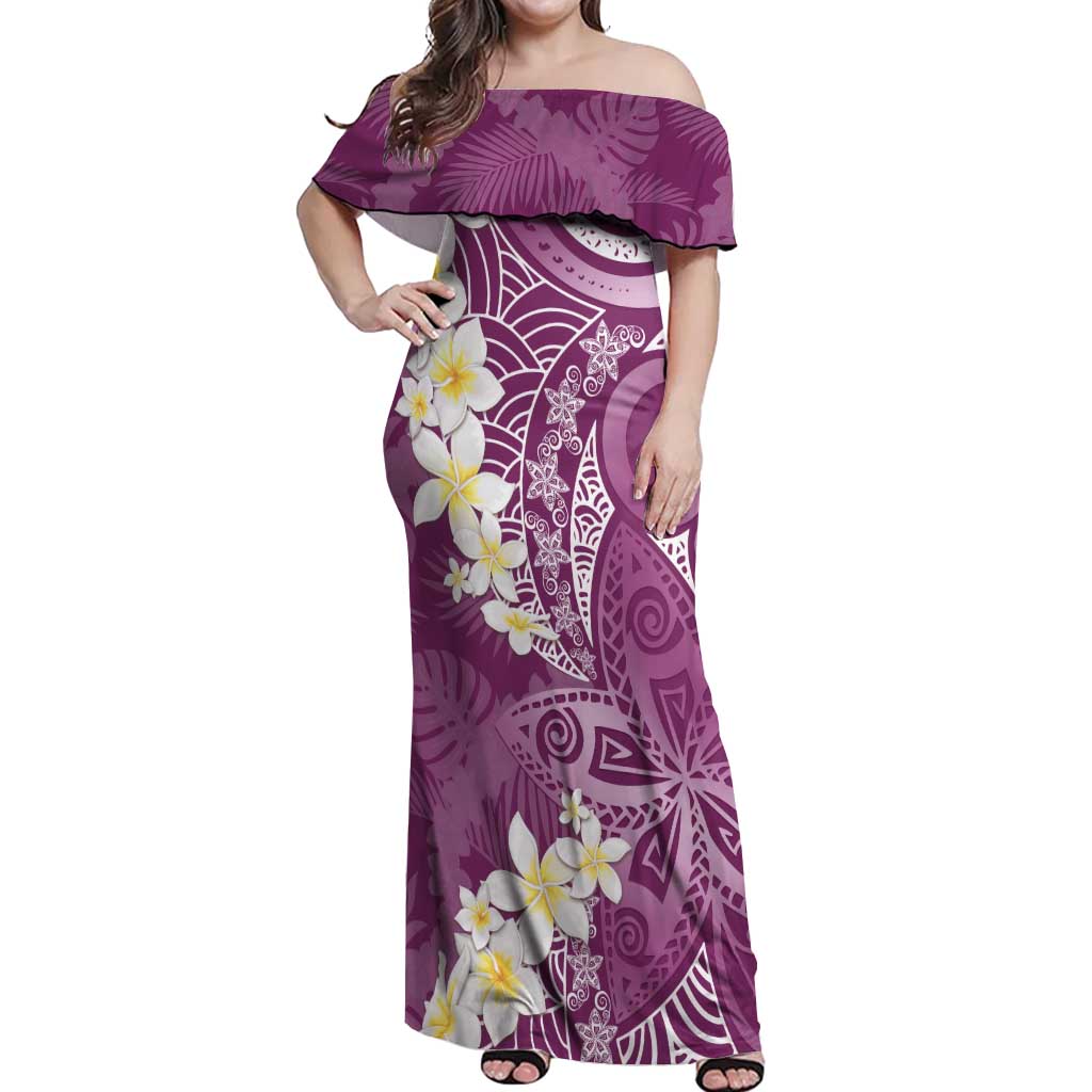 Pink Polynesian Tribal Frangipani Tropical Vibe Off Shoulder Maxi Dress