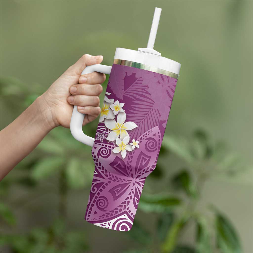 Pink Polynesian Tribal Frangipani Tropical Vibe Tumbler With Handle